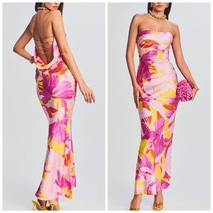 Retrofete Keaton Botanical Floral Silk Strapless Gown Maxi Dress
